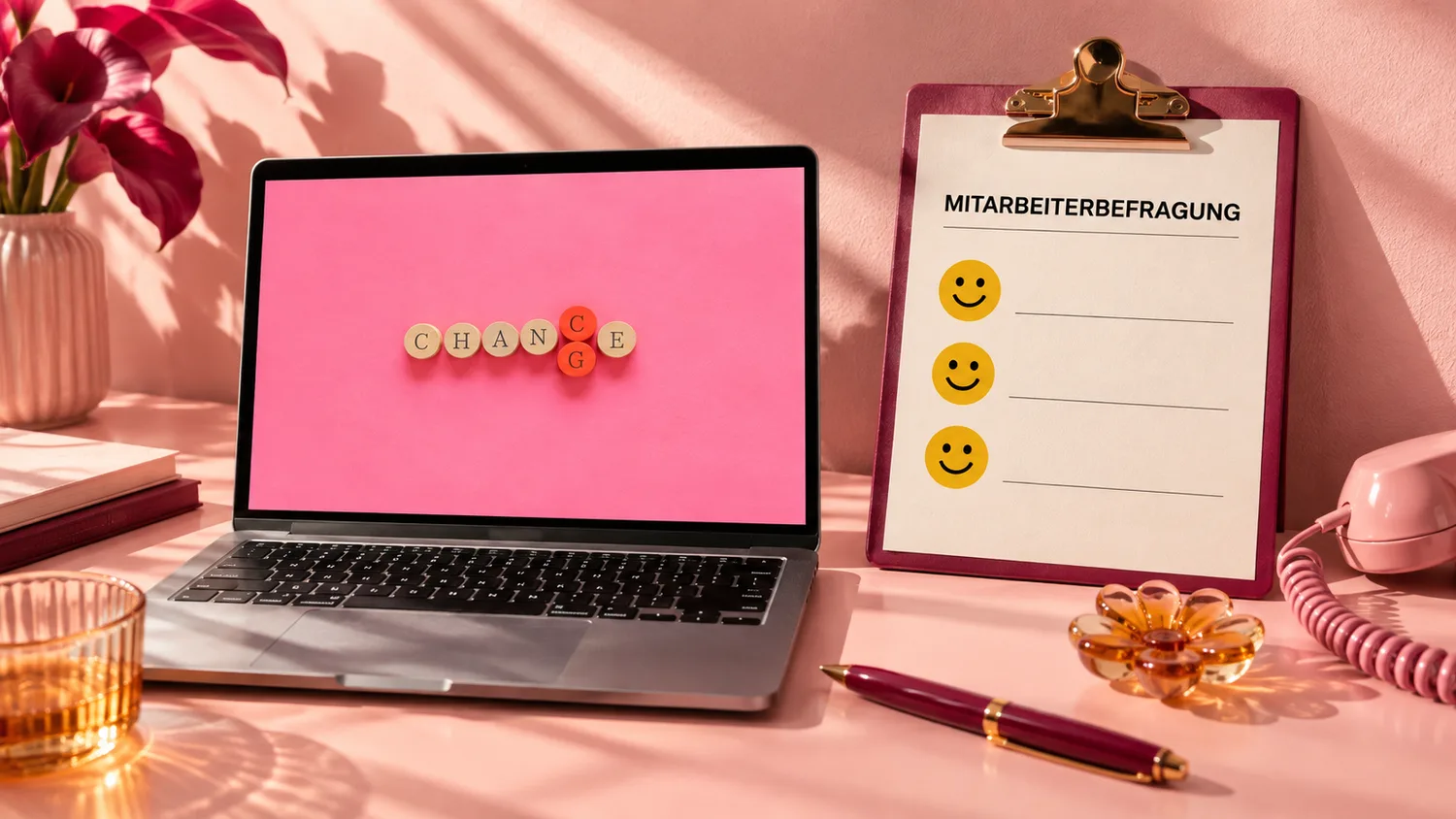 Laptop mit dem Wort Change, daneben ein Klemmbrett mit einer Mitarbeiterbefragung